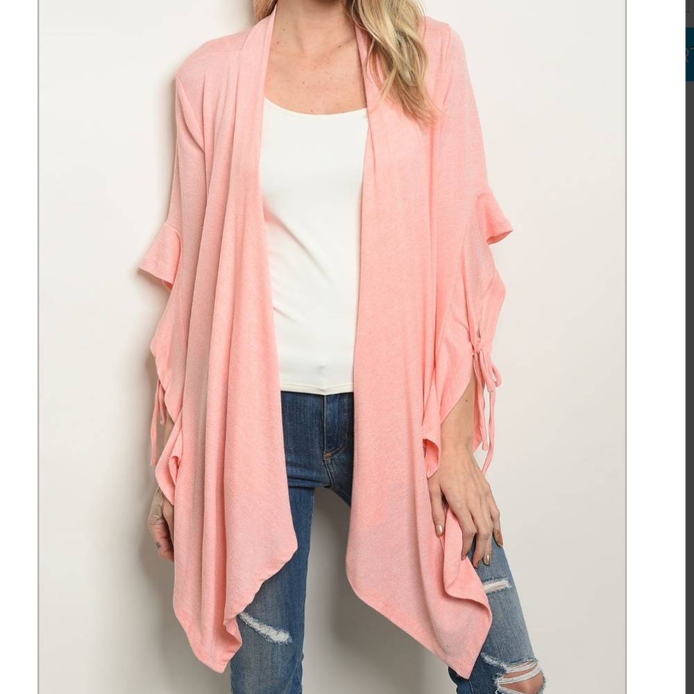 PEACE Waterfall Cardigan Open Front Long Ruffled Sleeves Peach Color Sm & Lg NWT